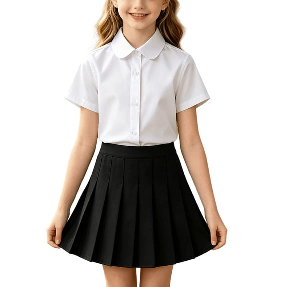FRSASU Girl's 2 PC Dressy Outfit Button Down Cotton Short Sleeve Dress Shirt with Pleated Tennis Skirt Set Casual School Uniform Set White