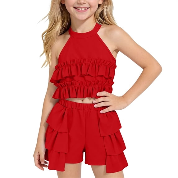 FRSASU Girl's 2PC Sets Elegant Summer Big Bow Beading Cami Top and Ruffles Beading Shorts Set Holiday Beachwear Red