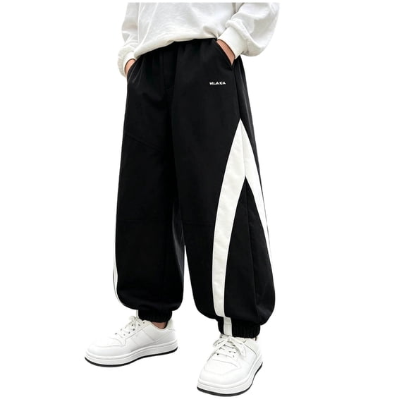 FRSASU Girl's Baggy Wide Leg Pants Elastic Waist Workout Track Color Block Parachute Pants with Pockets Black-C
