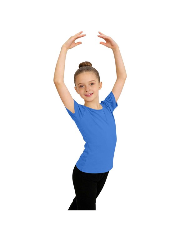 Girl's Ballet Leotards Short Sleeve Mesh Dance Leotard Bodysuit Gymnastics Outfits Tops for Kids 3-15 Years Blue-A