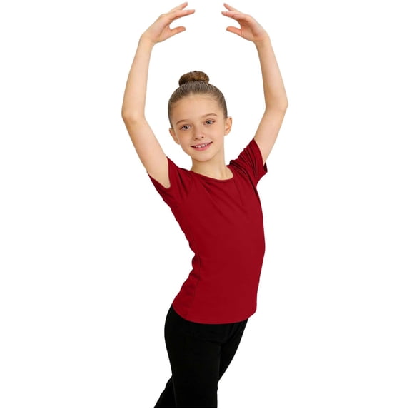 FRSASU Girl's Ballet Leotards Short Sleeve Mesh Dance Leotard Bodysuit Gymnastics Outfits Tops for Kids 3-15 Years Wine-A