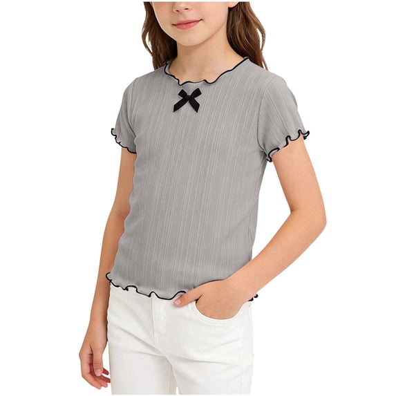 FRSASU Girl's Bow Tee Shirt Round Neck Lettuce Trim Short Sleeve Summer Cute Trendy Tops Gray