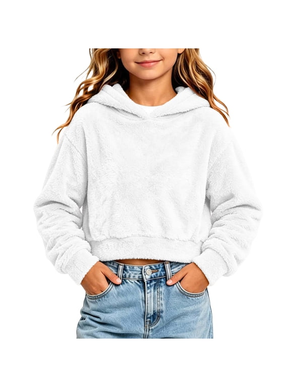Girl's Cropped Hoodie Long Sleeve Fuzzy Plush Pullover Casual Solid Color Short Hooded Sweatshirt Top White