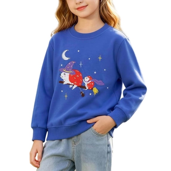 FRSASU Girl's Cute Sweatshirts Cotton Crewneck Long Sleeve Pullover Tops Cartoon Print Fall Winter Tops Blue-F
