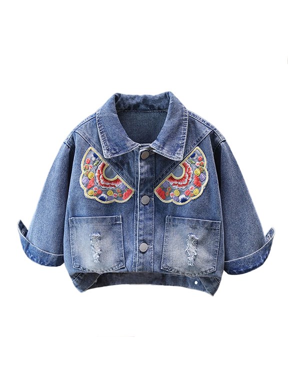 Girl's Denim Jacket Loose Lace Pockets Lapel Button Long Sleeve Jean Jacket Toddler Lightweight Casual Shacket School Wear Blue-A
