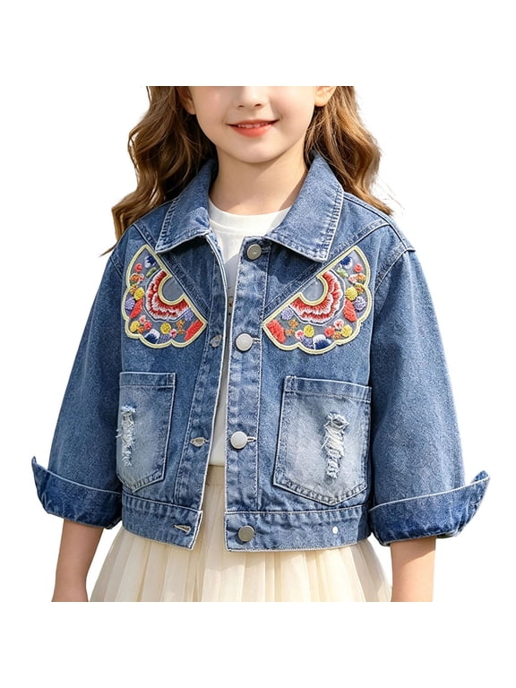 Girl's Denim Jacket Loose Lace Pockets Lapel Button Long Sleeve Jean Jacket Toddler Lightweight Casual Shacket School Wear Blue-A