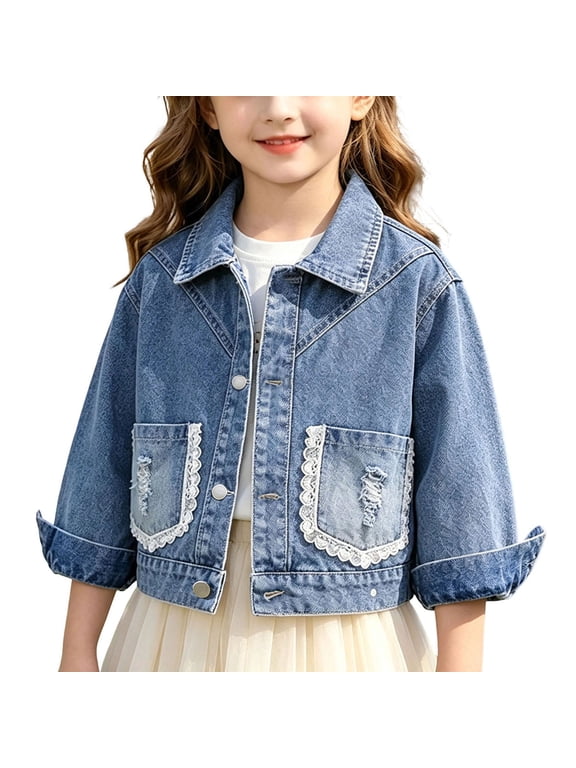 Girl's Denim Jacket Loose Lace Pockets Lapel Button Long Sleeve Jean Jacket Toddler Lightweight Casual Shacket School Wear Blue