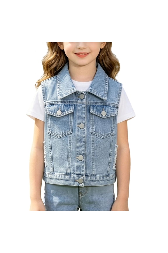 Girl's Denim Jacket Vest Collar Neck Button Front Sleeveless Jean Jacket Outerwear with Pockets Summer Jacket Blue-E
