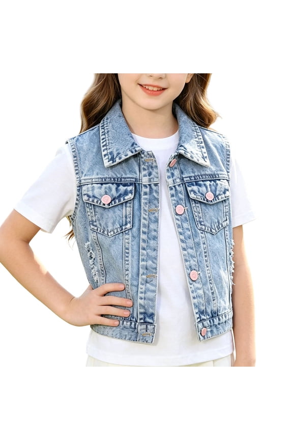 Girl's Denim Jacket Vest Collar Neck Button Front Sleeveless Jean Jacket Outerwear with Pockets Summer Jacket Blue
