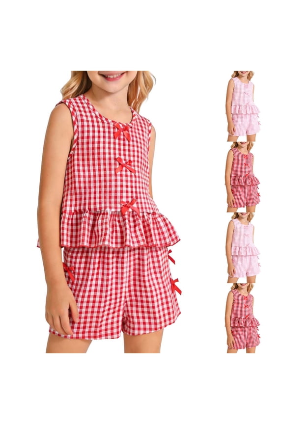 Girl's Gingham Sets 2 Piece Bow Tie Front Ruffled Tank Top Baggy Shorts Sets Cute Summer Vacation Beachy Outfits Watermelon Red