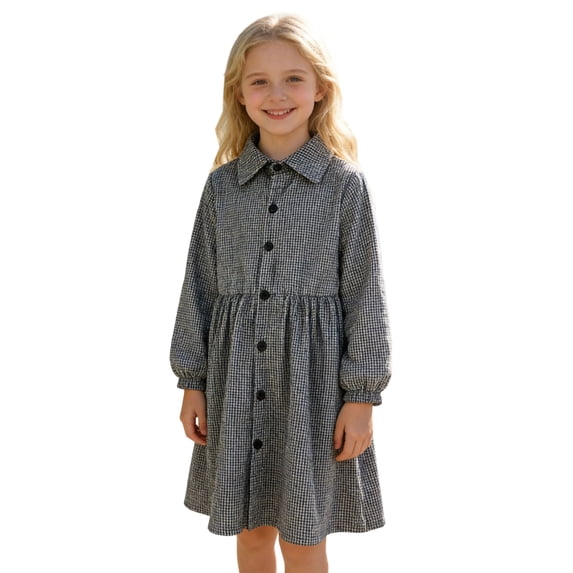 FRSASU Girl's Gingham Shirt Dresses Long Sleeve Button Front A-Line Casual Daily School Spring Summer Dress