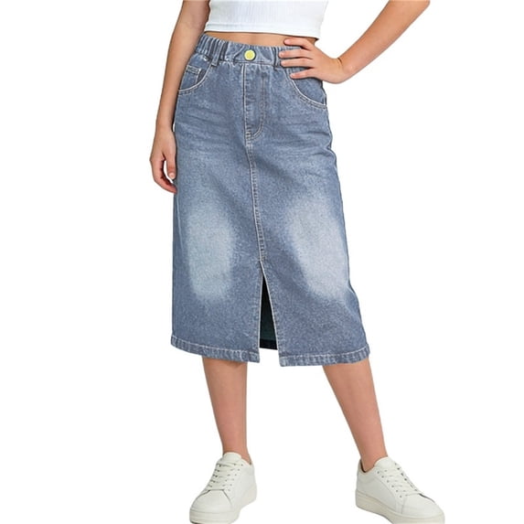 FRSASU Girl's Long Denim-Skirt Vintage Solid A-Line Slim Slit Jean Skirts High Waist Stretch Midi Denim Skirts with Pockets Blue-A