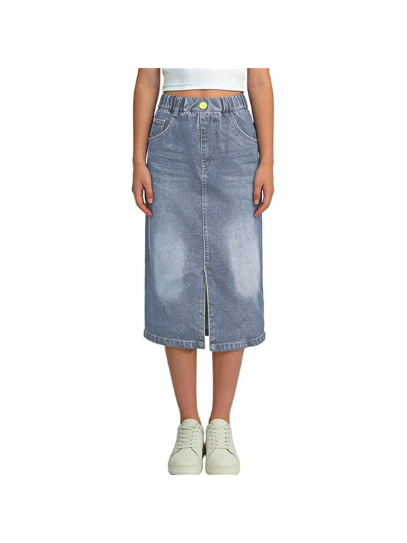 Girl's Long Denim-Skirt Vintage Solid A-Line Slim Slit Jean Skirts High Waist Stretch Midi Denim Skirts with Pockets Blue-A