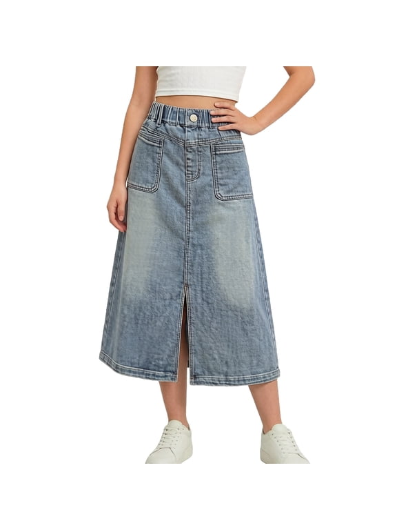 Girl's Long Denim-Skirt Vintage Solid A-Line Slim Slit Jean Skirts High Waist Stretch Midi Denim Skirts with Pockets Blue