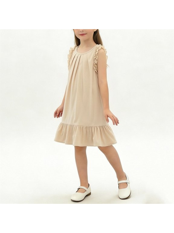 Girl's Ruffle Sleeve Casual Dress Sleeveless Crew Neck A-Line Swing Dresses Soft Comfortable Outfit for School Party Beige-D