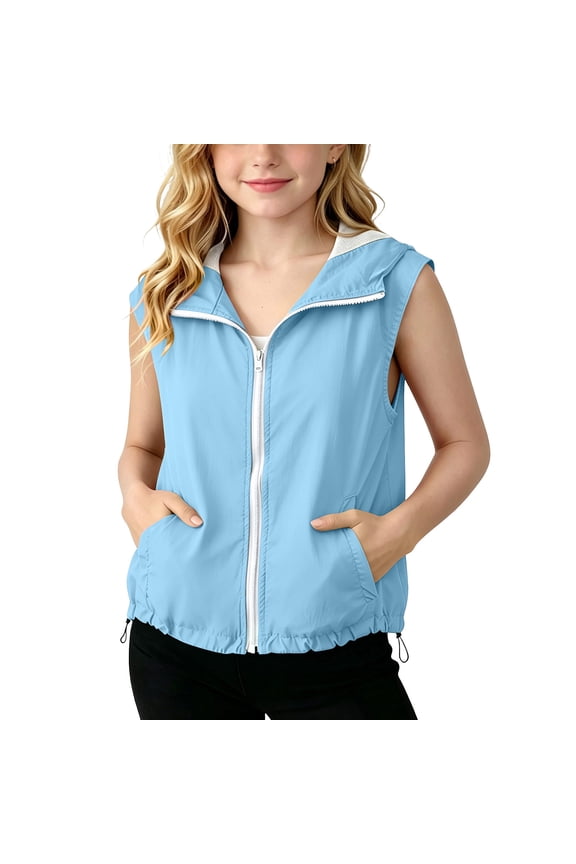 Girl's Sleeveless Hooded Vest, Waterproof Wind‑Resistant Zip‑Up Gilet Casual Adjustable Drawstring Hem Waistcoat Blue