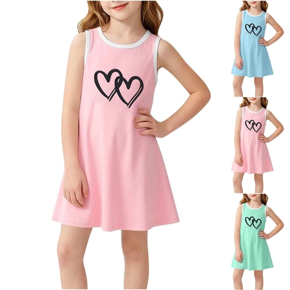 FRSASU Girl's Sleeveless Summer Tank Dress Crew Neck Casual Solid Color Heart Applique Summer Beach Sundress Pink