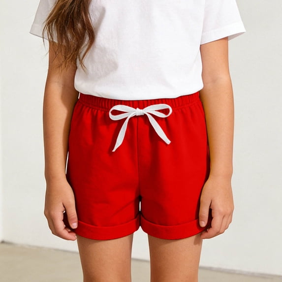 FRSASU Girl's Solid Cotton Comfort Soft Jogger Shorts Drawstring High Waisted Wide Leg Summer Trendy Beach Swim Short Red