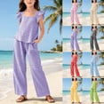 thumbnail image 1 of FRSASU Girl's Summer 2 Piece Set Gingham Outfit Ruffle Sleeve Tank Tops with Wide Leg Pants Clothing Set Yellow, 1 of 8