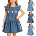 thumbnail image 1 of FRSASU Girl's Summer Crew Neck Ruffle Sleeveless Tank Dress Loose Flutter Sleeve Tiered Pleated Flower Decor Casual Sundress Light Blue-A, 1 of 9