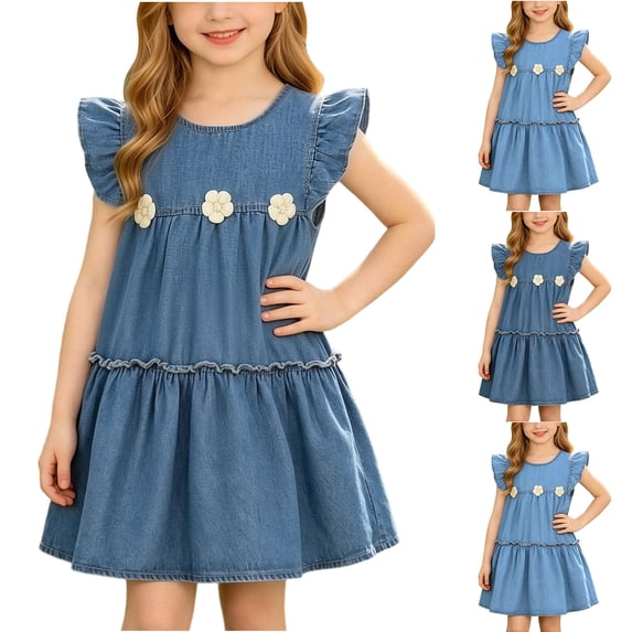FRSASU Girl's Summer Crew Neck Ruffle Sleeveless Tank Dress Loose Flutter Sleeve Tiered Pleated Flower Decor Casual Sundress Light Blue-A