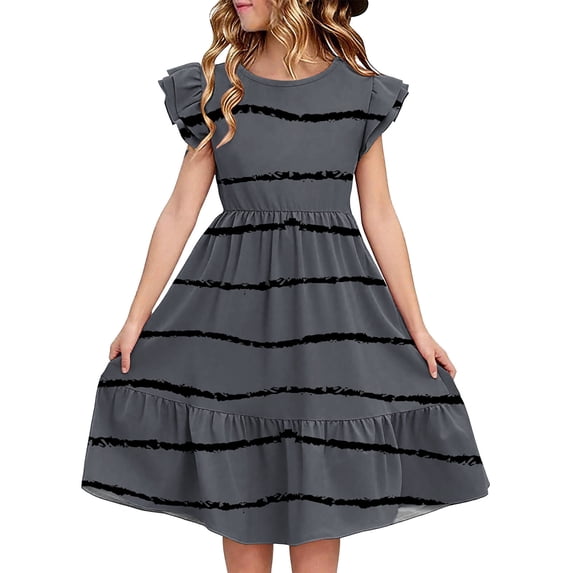 FRSASU Girl's Summer Dress Casual Ruffle Short Sleeve Double Layer Empire Waist Loose Fit Swing T-Shirt Dress Dark Gray