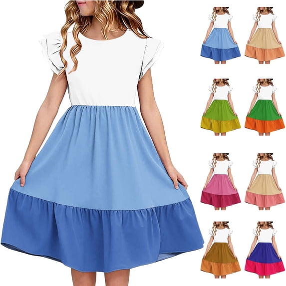 FRSASU Girl's Summer Dress Casual Ruffle Short Sleeve Double Layer Empire Waist Loose Fit Swing T-Shirt Dress Pink-C