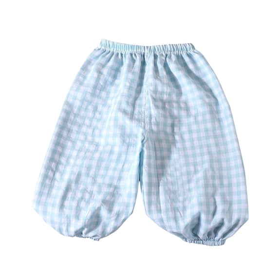 FRSASU Girl's Summer Gingham Bubble Pants Casual Plaid Elastic Waist Long Bloomers Trousers Lounge Bottoms Sweatpants Light Blue