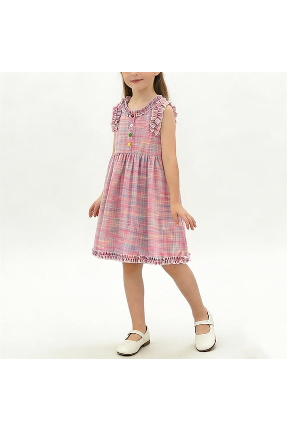 Girl's Summer Plaid Lace Round Neck Lace Ruffle Sleeve Pleated Princess Summer Dress 2-8Year Pink