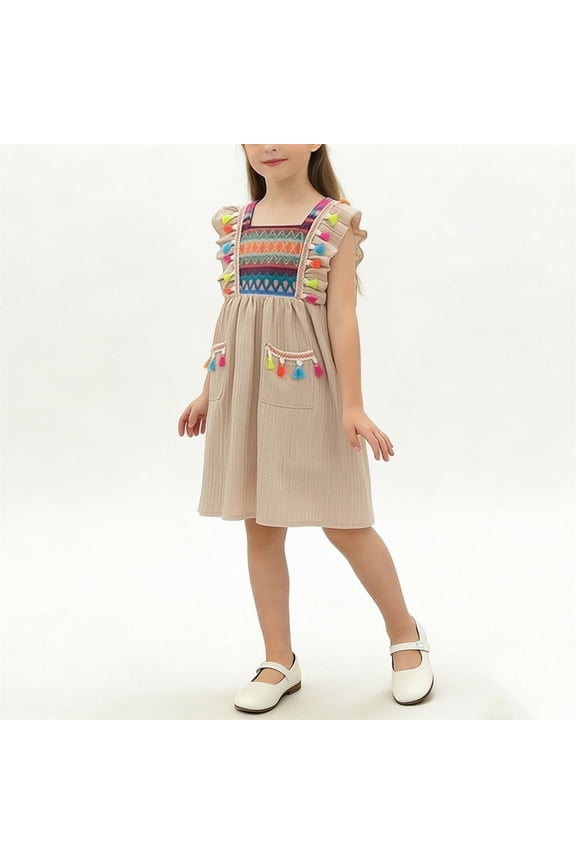 Girl's Summer Ruffle Sleeve Square Collar Ruffle Swing Casual Beach Boho Sundress Colorful Tassel Decoration Dress Khaki-C