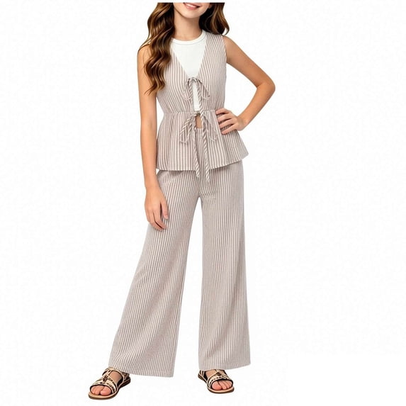 FRSASU Girl's Summer Striped 2 Piece Set Casual Bow Tie Vest and Wide Leg Linen Pants Matching Set Beach Vacation Outfits Khaki