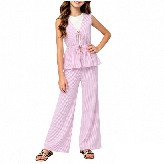 FRSASU Girl's Summer Striped 2 Piece Set Casual Bow Tie Vest and Wide Leg Linen Pants Matching Set Beach Vacation Outfits Pink