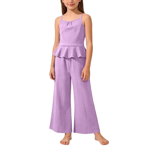 FRSASU Girls 2 Piece Sets Sleeveless Ruffled Hem Pleated Tops and Wide Leg Pants Summer Outfit Clothes for 4-15 Years Purple