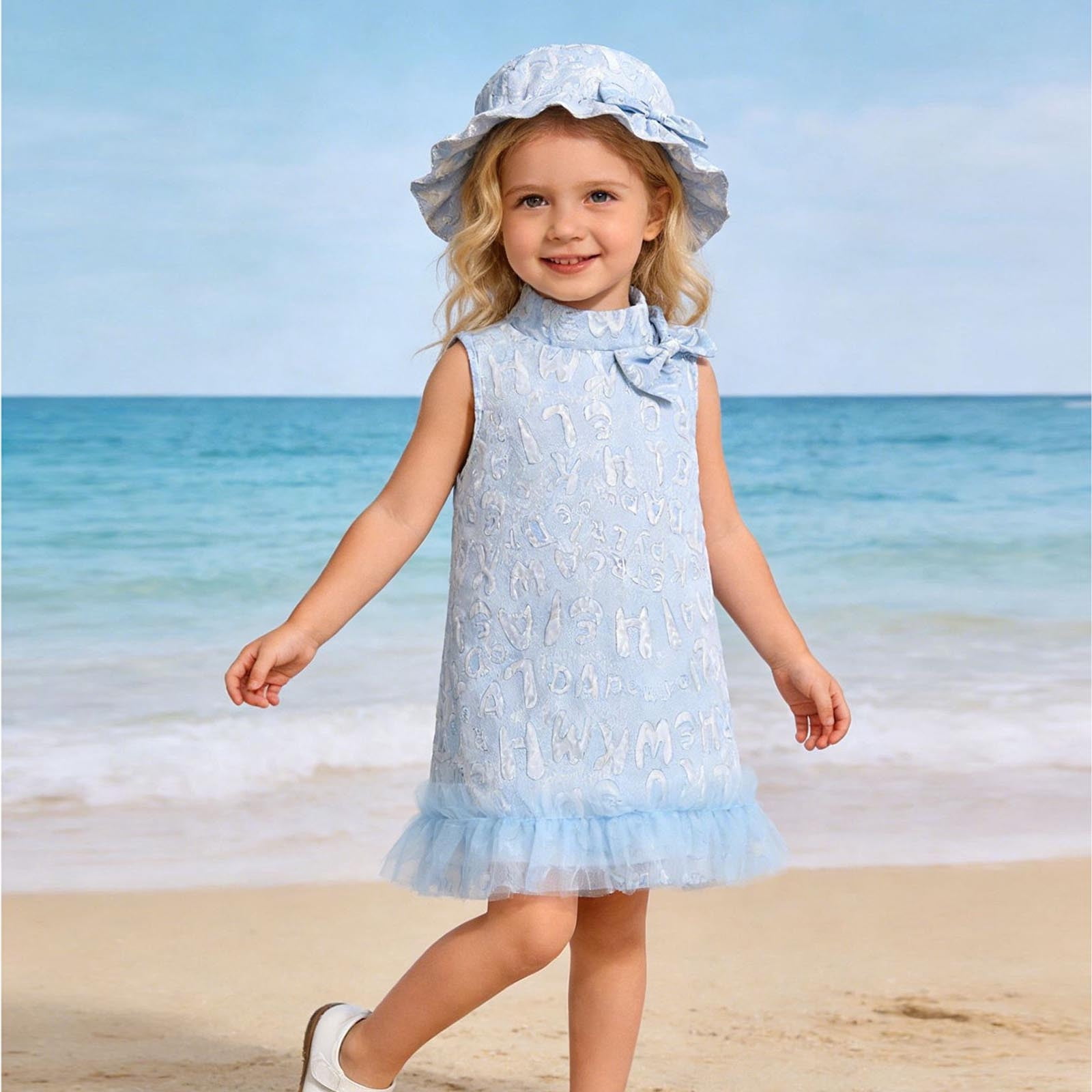 FRSASU Girls 2PC Dresses&Hat Set Summer Sleeveless Dress Short Sundress Lace Ruffle Hem Mock Neck Dress Cute Trendy Dresses with Hat Blue