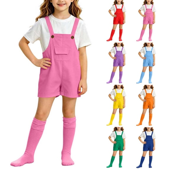 FRSASU Girls 2PC Overalls Set Casual Solid Color Adjustable Strap Jumpsuit Comfy Baggy Rompers with Knee High Stockings Yellow