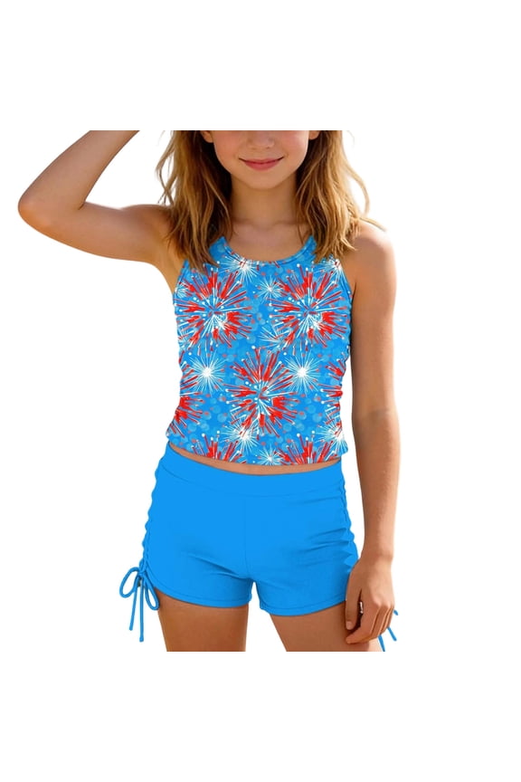 Girls 4th of July Swimsuit 2 Piece Patriotic Fireworks Tank Tops with Shorts Summer Beach Blue Red Print Bathing Suit Swimwear Blue