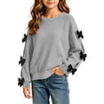 thumbnail image 1 of FRSASU Girls Bow Decorative Long Sleeve Crew‑Neck Fleece Pullover Sweatshirt Drop Shoulder Casual Tops Gray, 1 of 5