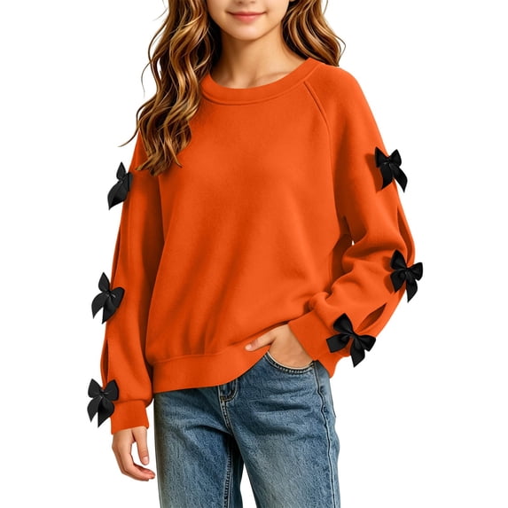 FRSASU Girls Bow Decorative Long Sleeve Crew‑Neck Fleece Pullover Sweatshirt Drop Shoulder Casual Tops Orange