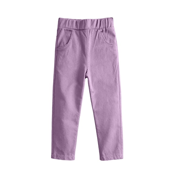 FRSASU Girls Cotton Straight Leg Pants Elastic Waist Casual Trousers with Pockets Summer Soft Sweatpants for Kids Purple