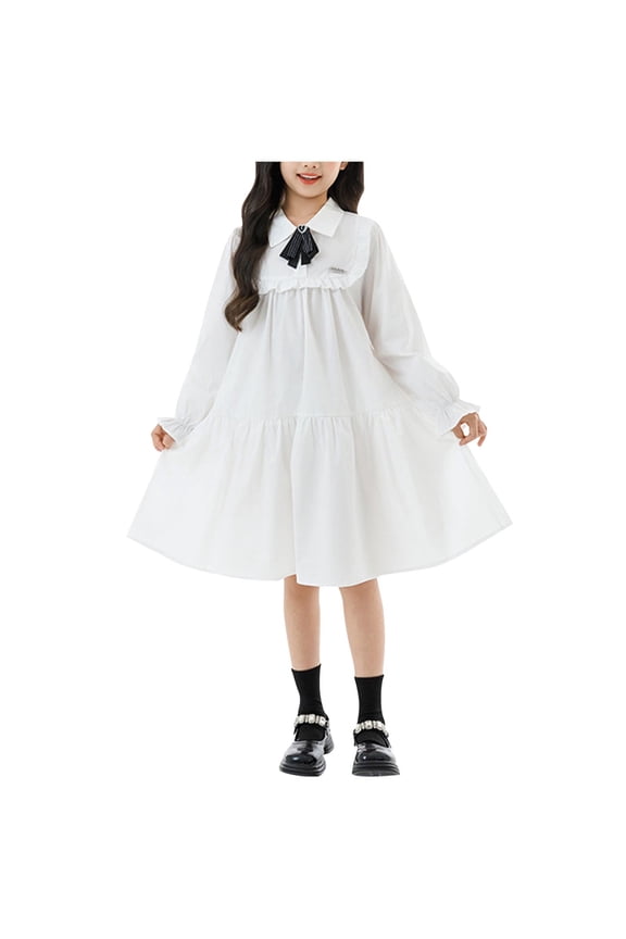 Girls Cute Cotton Dresses High Waist Sailor Uniform Long Sleeve Summer Dress Sweet Ruffle A Line Party Dress White