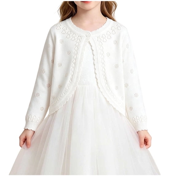 FRSASU Girls Cute Shrug Openwork Knit Cardigan Sweater Long Sleeve Button Front Closure Crop Tops Dress Cover Up White-A