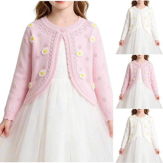 FRSASU Girls Cute Shrug Openwork Knit Cardigan Sweater Long Sleeve Button Front Closure Crop Tops Dress Cover Up White-D