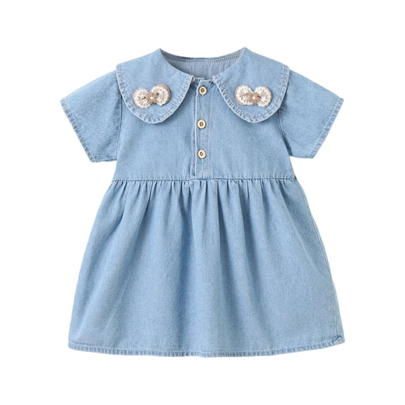 FRSASU Girls Denim Dress Cute Short Puff Sleeve Ruffle Doll Collar A-Line Dresses Casual Vintage Button Pleated Dress Light Blue