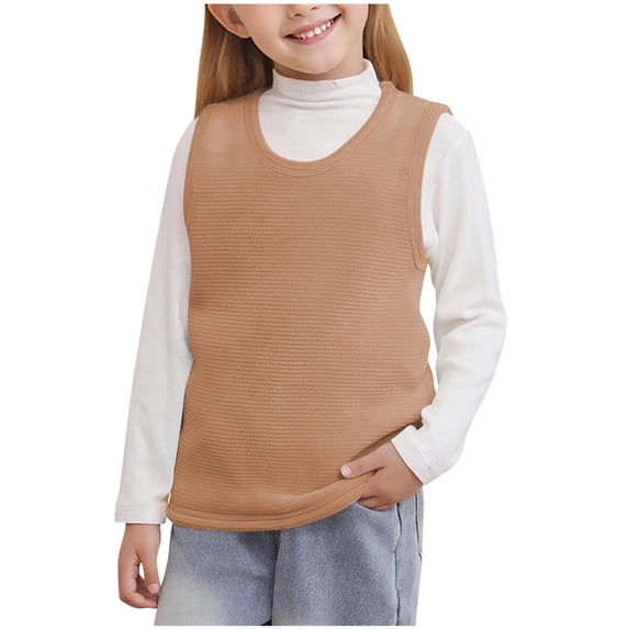 FRSASU Girls' Fleece Lined Sweater Vest Warm School Uniform Gilet Kids Casual Crewneck Thick Knit Sweater Clothes Khaki