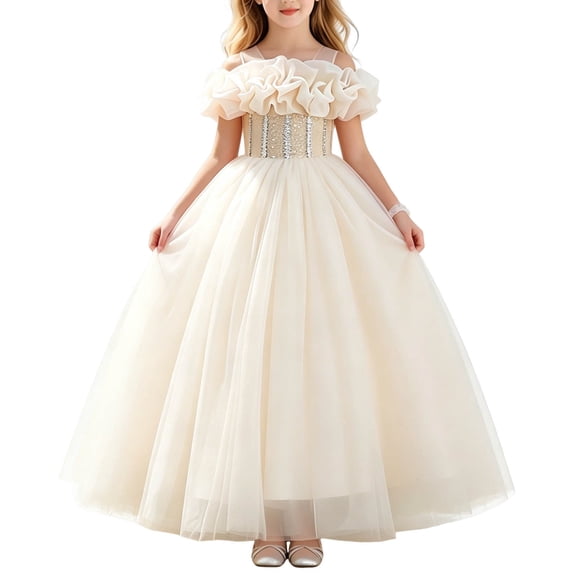 FRSASU Girls Flower Princess Dress Pageant Lace Embroidery Floral Tulle Dress Sleeveless Wedding Party Prom Evening Maxi Dress Beige