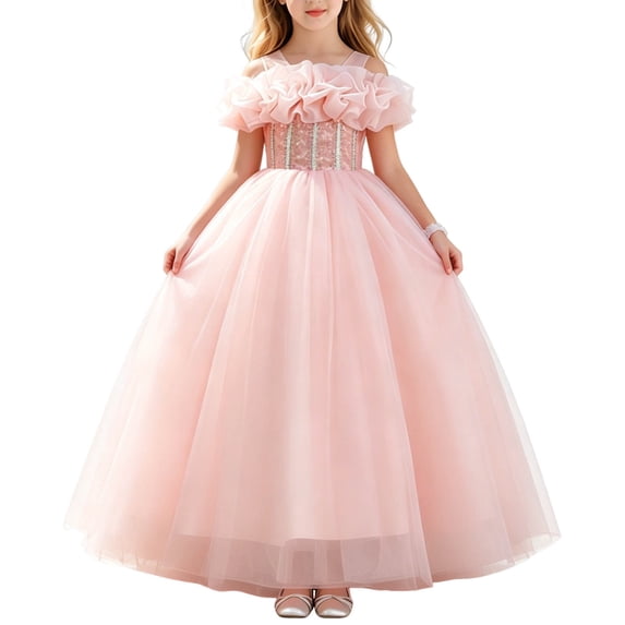 FRSASU Girls Flower Princess Dress Pageant Lace Embroidery Floral Tulle Dress Sleeveless Wedding Party Prom Evening Maxi Dress Pink