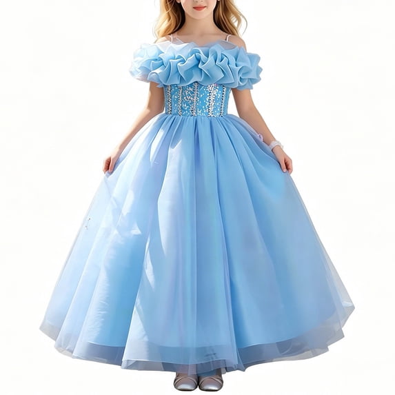 FRSASU Girls Flower Princess Dress Pageant Lace Embroidery Floral Tulle Dress Sleeveless Wedding Party Prom Evening Maxi Dress Sky Blue
