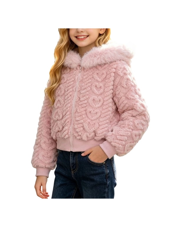 Girls Heart Embossed Faux Fur Hooded Jacket Fuzzy Fluffy Cropped Outerwear with Fur Trim On Hood Long Sleeve Pink