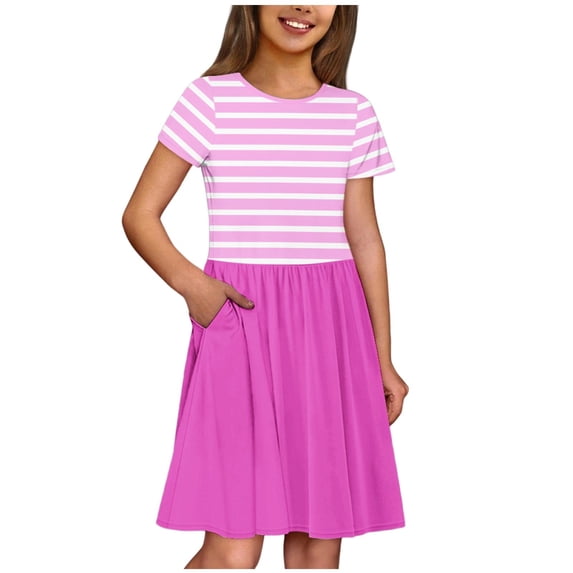 FRSASU Girls Knee Length Striped T-shirts Dress Summer Midi A-Line Pleated Flowy Lightweight Elastic Waist Dress Hot Pink