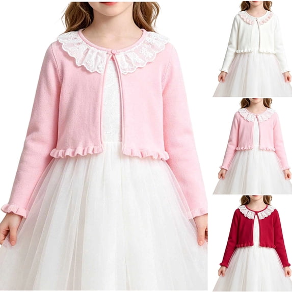 FRSASU Girls Lace Ruffle Collar Cropped Knit Shrug Long Sleeve Single Button Soft Cardigan Sweater for Dress Size 2-14T White-F